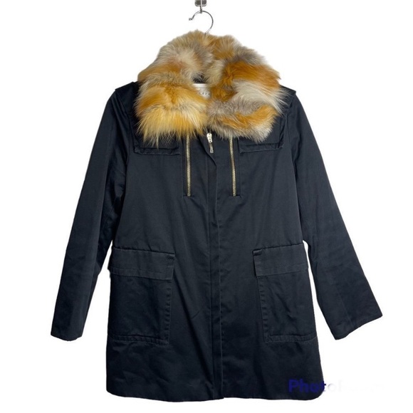 Sandro Paris Parka Dark Navy with removable real Fox fur trim and hood 36/4 - Picture 1 of 14